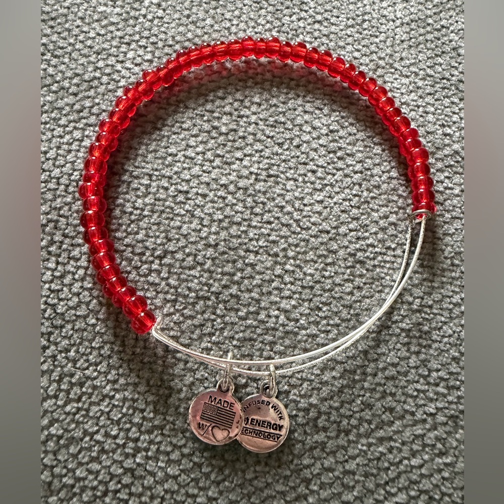 Alex and Ani Red Bead and Silver Adjustable Bangle Bracelet